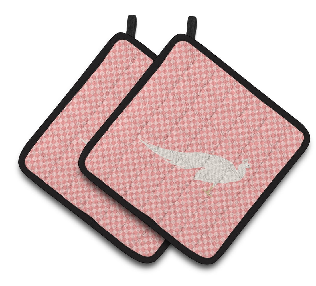 White Peacock Peafowl Pink Check Pair of Pot Holders - Pink