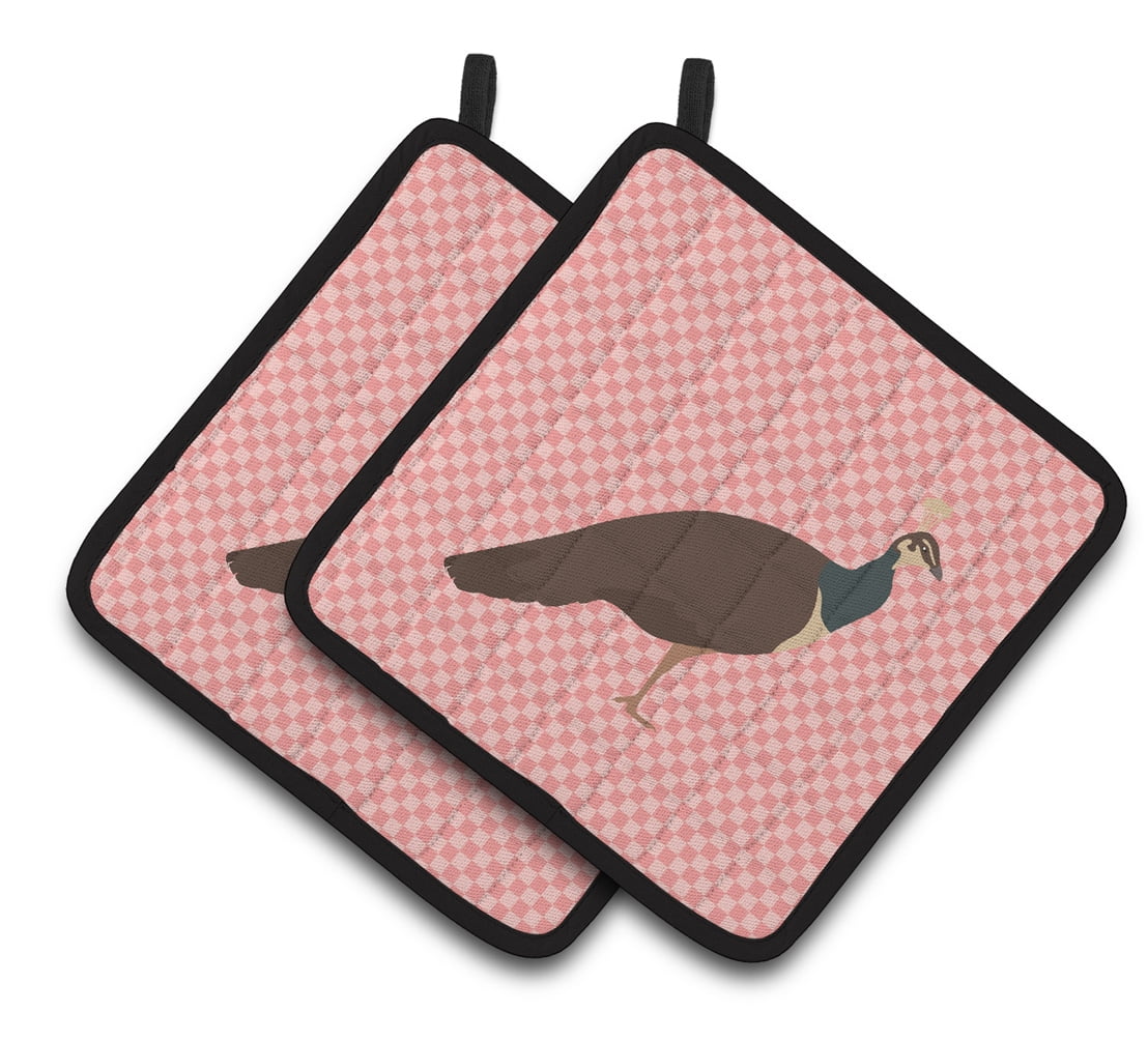 BB7927PTHD Indian Peahen Peafowl Pink Check Pair of Pot Holders