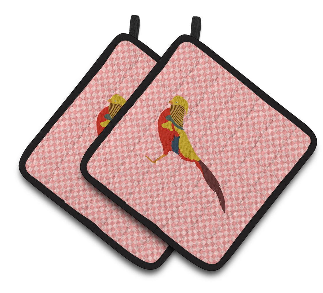 Golden or Chinese Pheasant Pink Check Pair of Pot Holders - Pink
