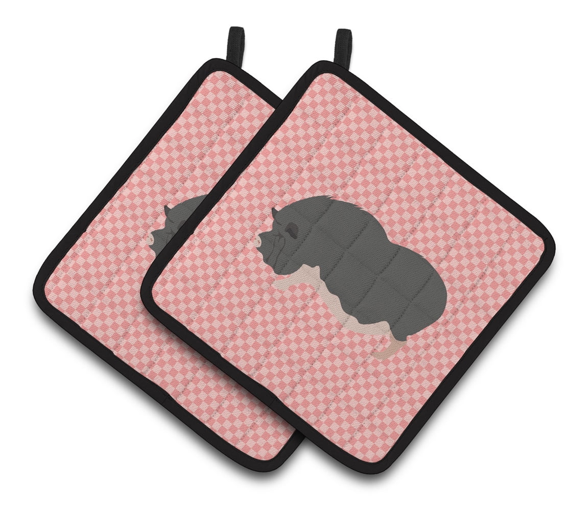 Vietnamese Pot-Bellied Pig Pink Check Pair of Pot Holders - Pink