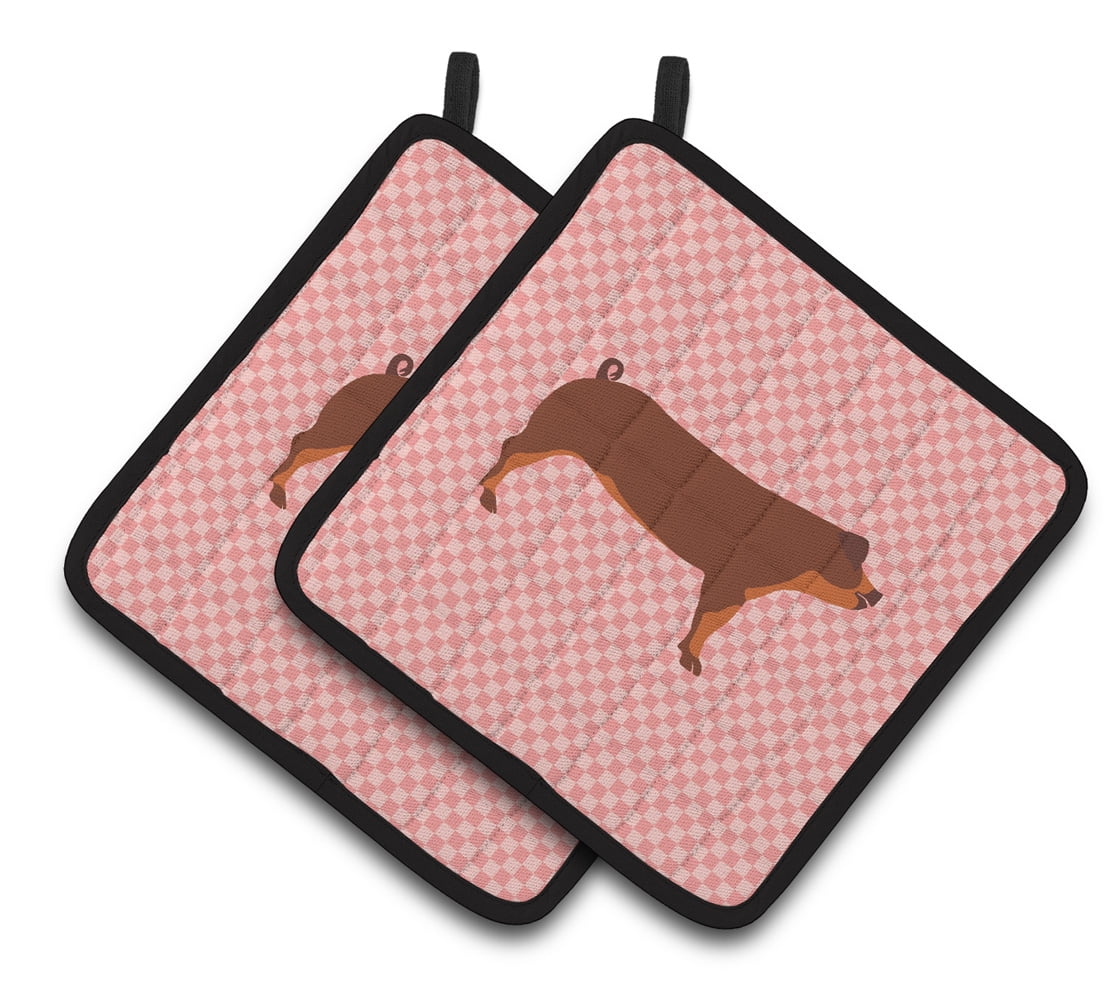 Duroc Pig Pink Check Pair of Pot Holders - Pink