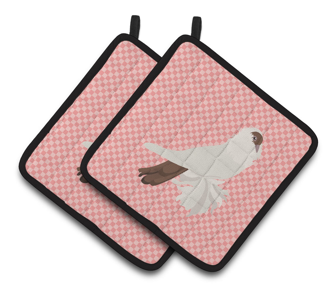German Helmet Pigeon Pink Check Pair of Pot Holders - Pink