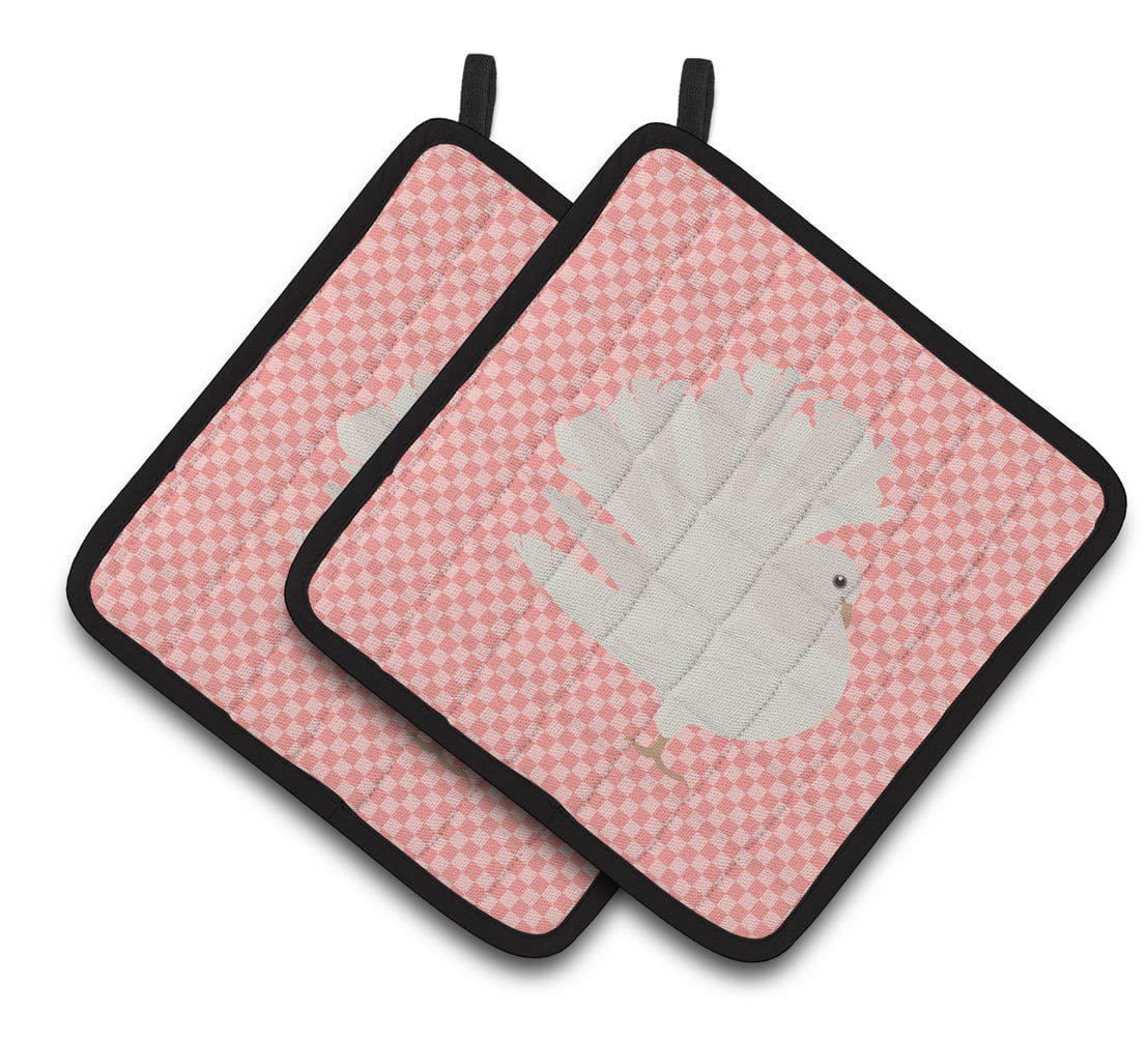 Silver Fantail Pigeon Pink Check Pair of Pot Holders - Pink