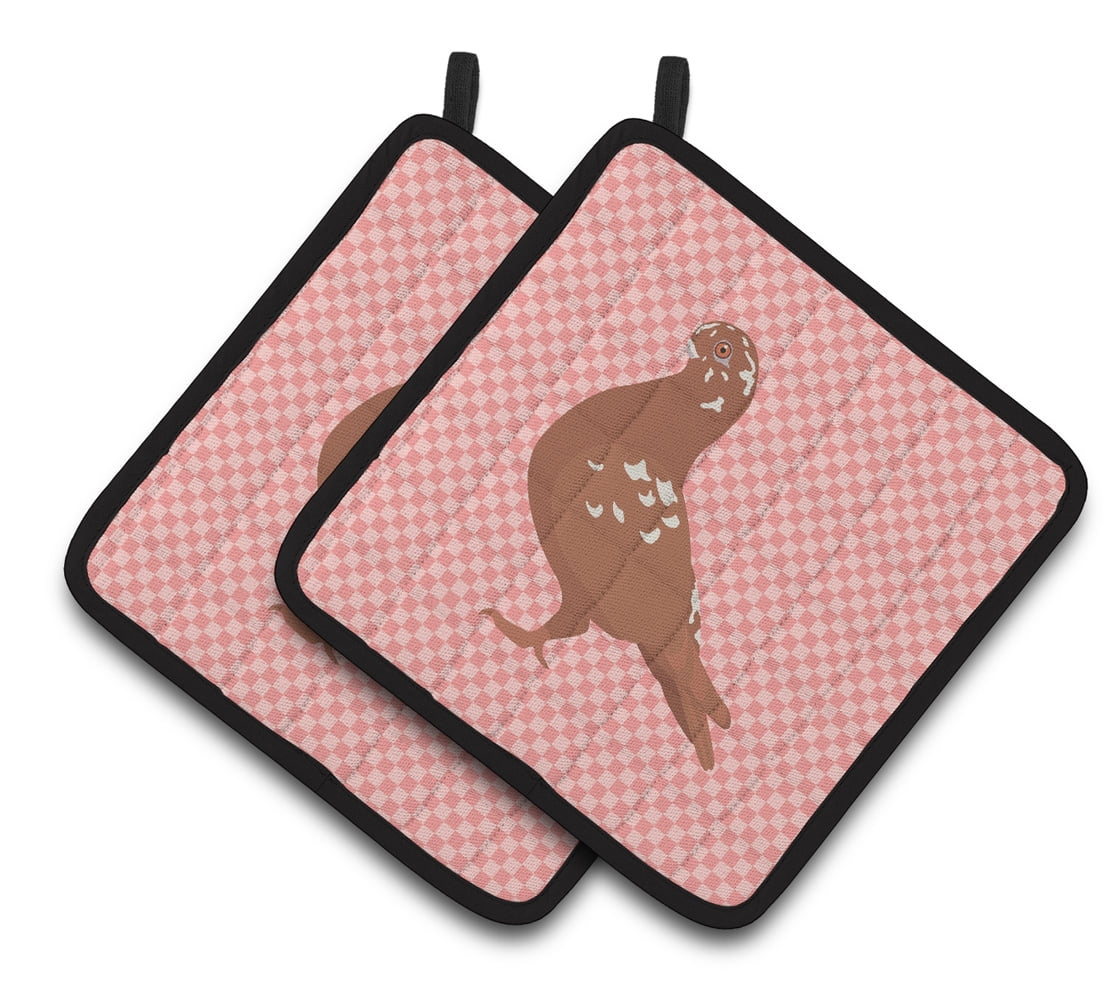 African Owl Pigeon Pink Check Pair of Pot Holders - Pink
