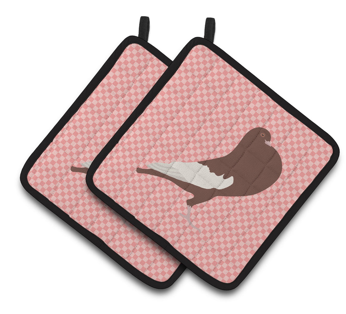 English Pouter Pigeon Pink Check Pair of Pot Holders - Pink