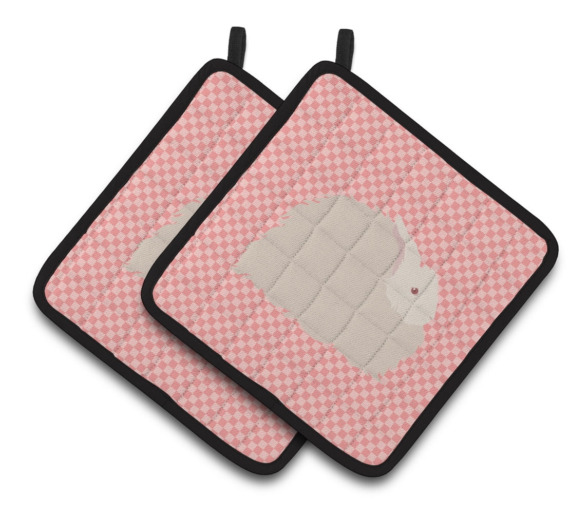 BB7959PTHD Fluffy Angora Rabbit Pink Check Pair of Pot Holders