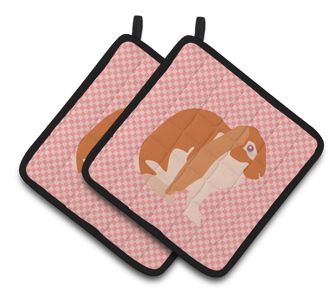 English Lop Rabbit Pink Check Pair of Pot Holders - Pink
