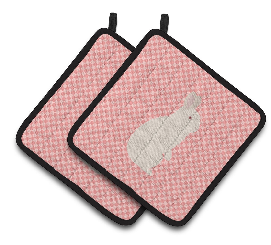 New Zealand White Rabbit Pink Check Pair of Pot Holders - Pink