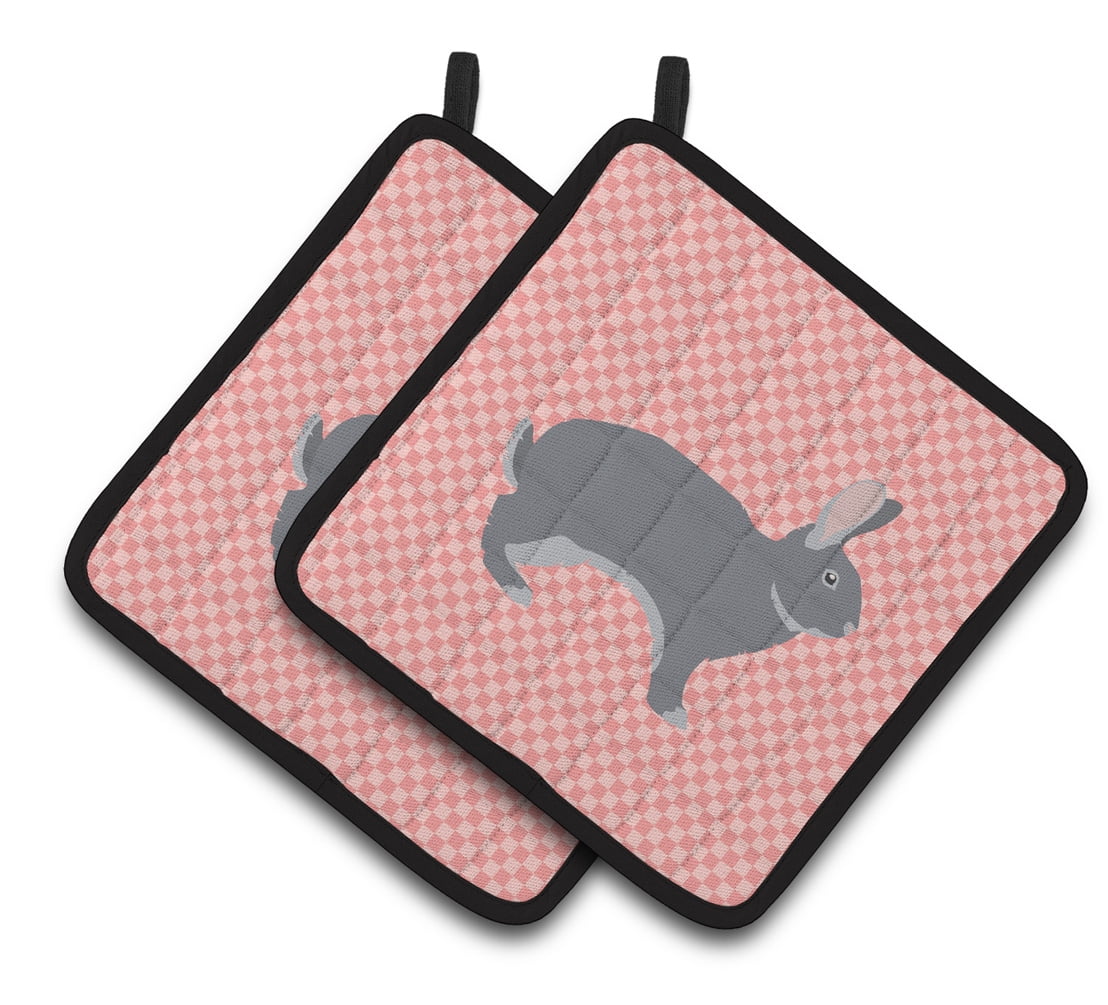 Giant Chinchilla Rabbit Pink Check Pair of Pot Holders - Pink