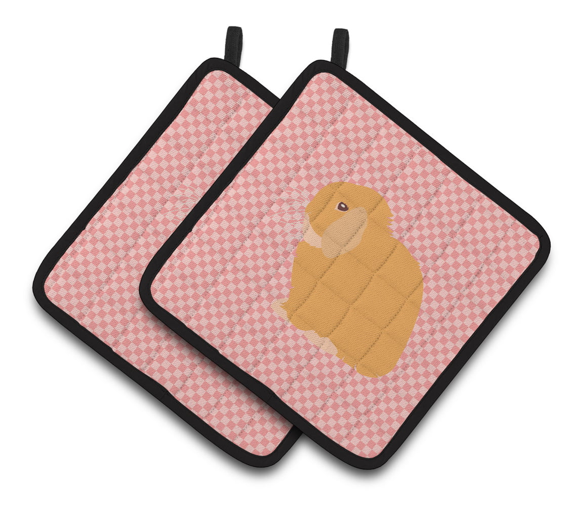Holland Lop Rabbit Pink Check Pair of Pot Holders - Pink
