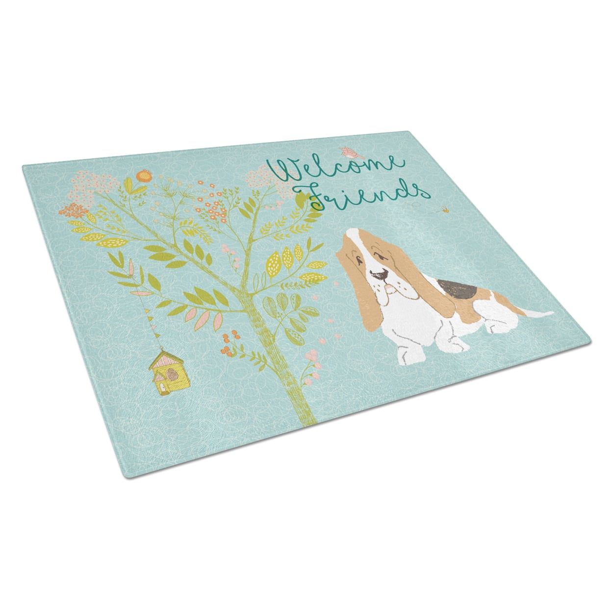 Welcome Friends Basset Hound Glass Cutting Board - Large