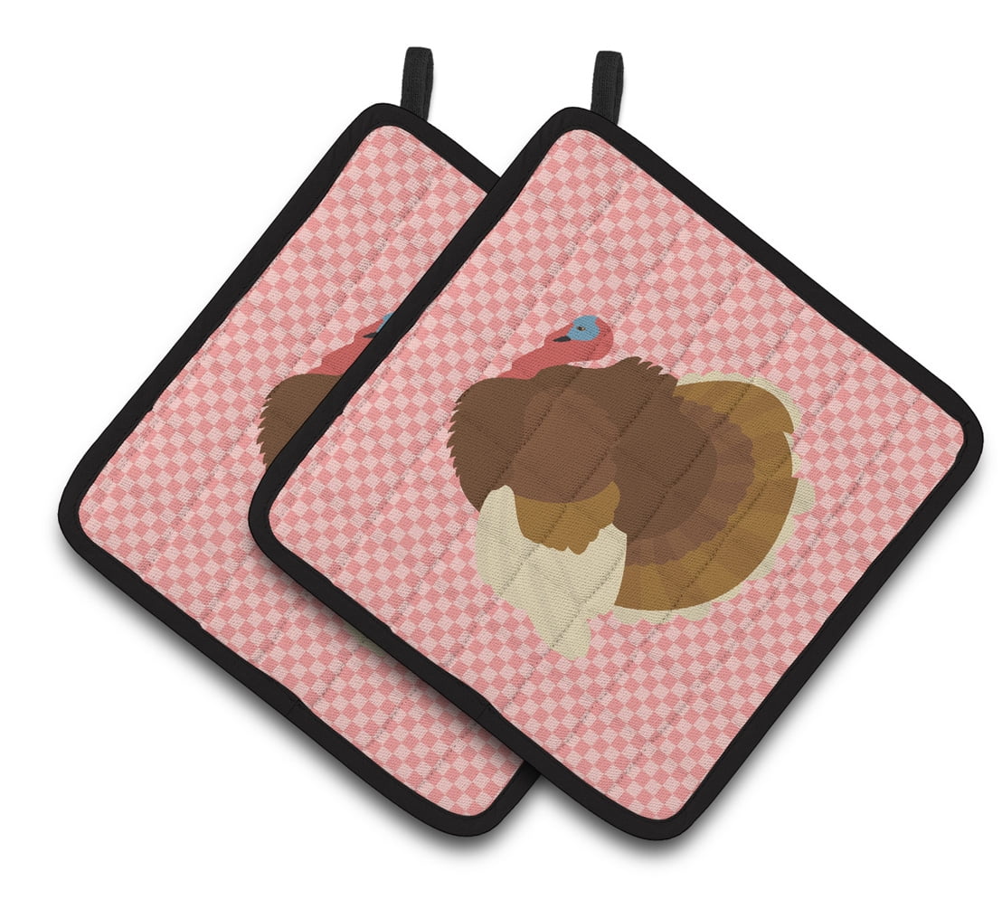 French Turkey Dindon Pink Check Pair of Pot Holders - Pink