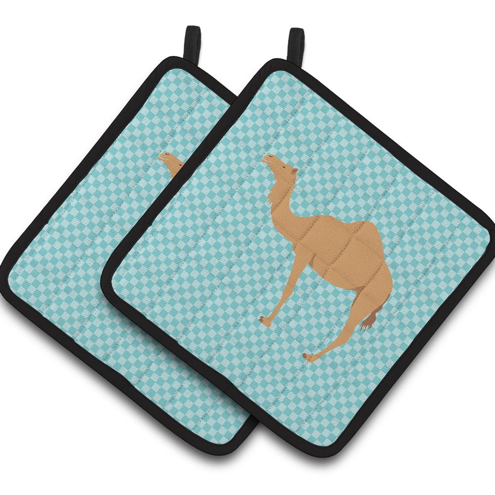 Arabian Camel Dromedary Blue Check Pair of Pot Holders - Blue