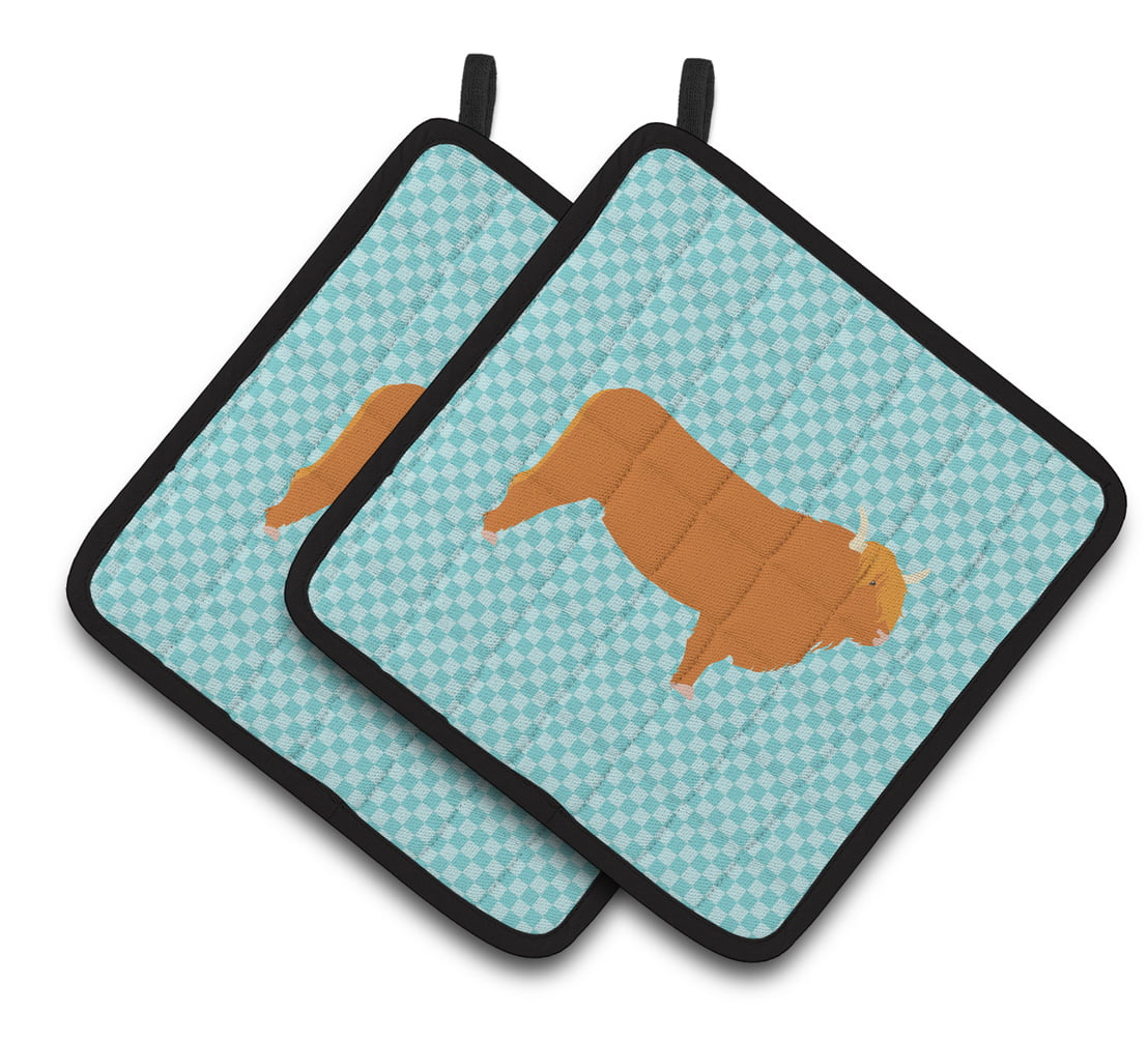Highland Cow Blue Check Pair of Pot Holders