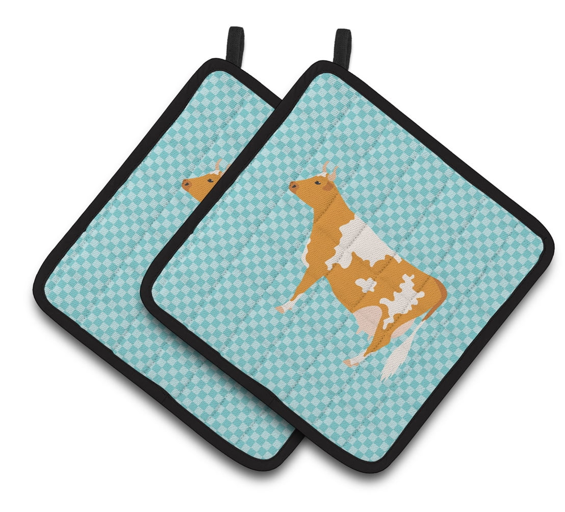 Guernsey Cow Blue Check Pair of Pot Holders - Blue