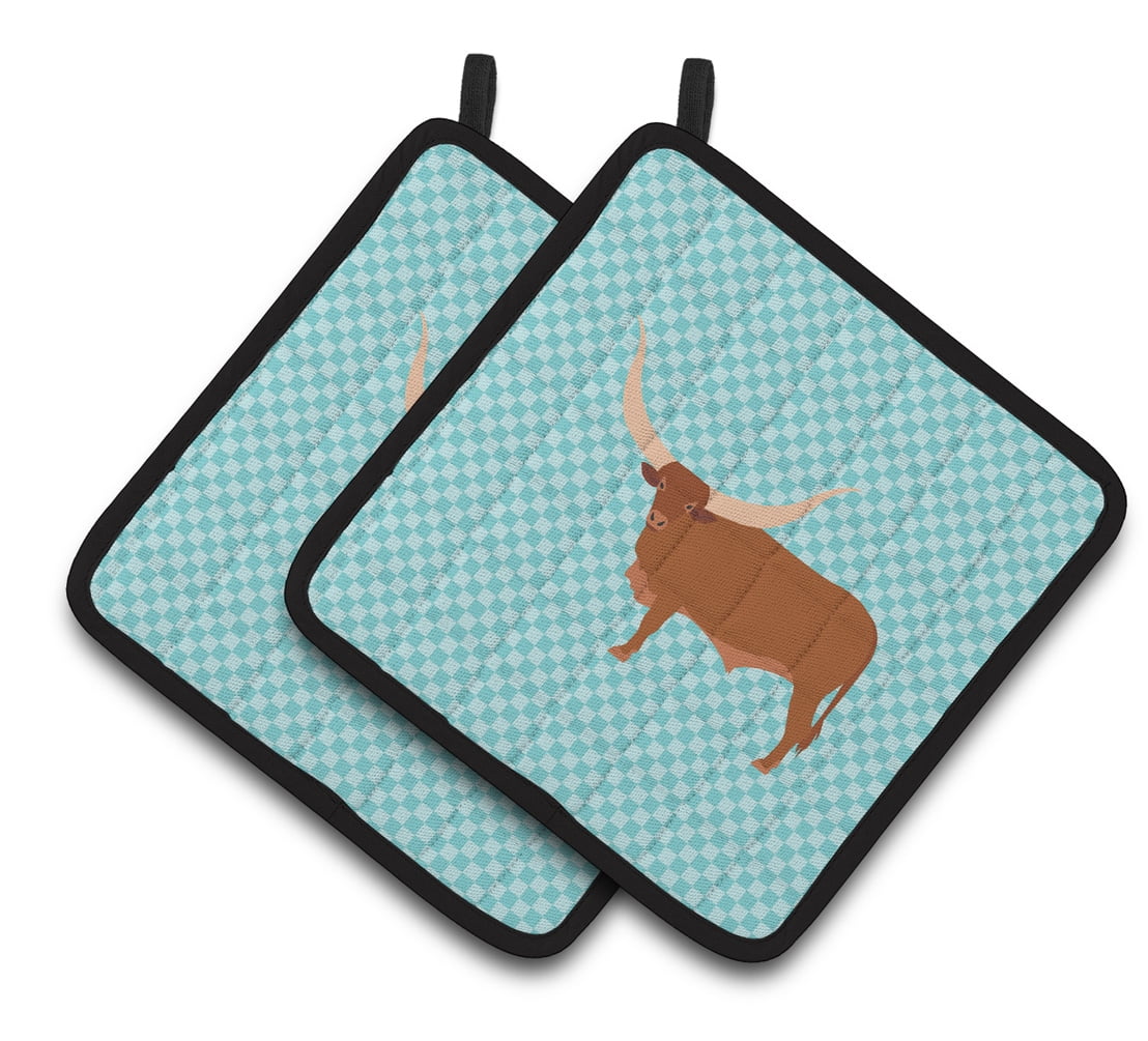 Ankole-Watusu Cow Blue Check Pair of Pot Holders - Blue