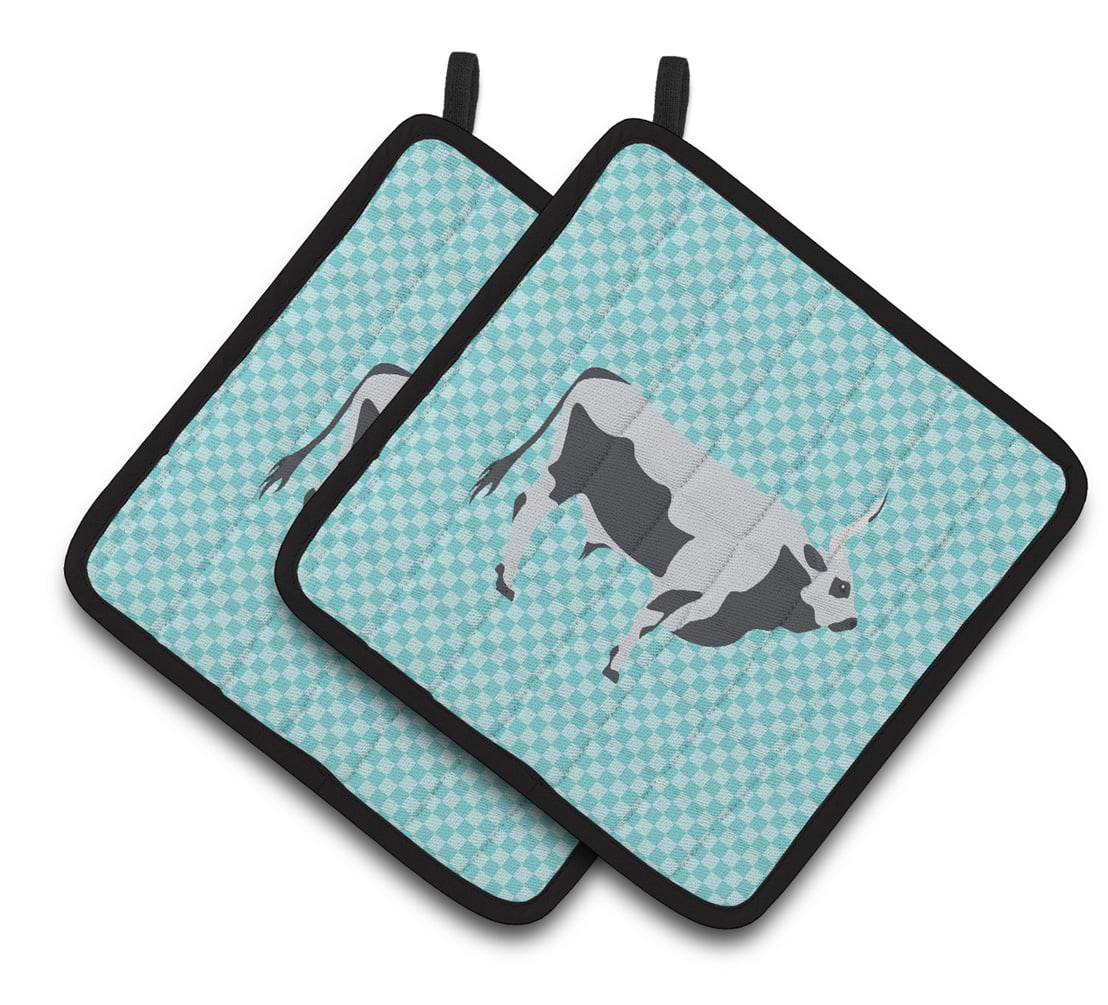 Hungarian Grey Steppe Cow Blue Check Pair of Pot Holders
