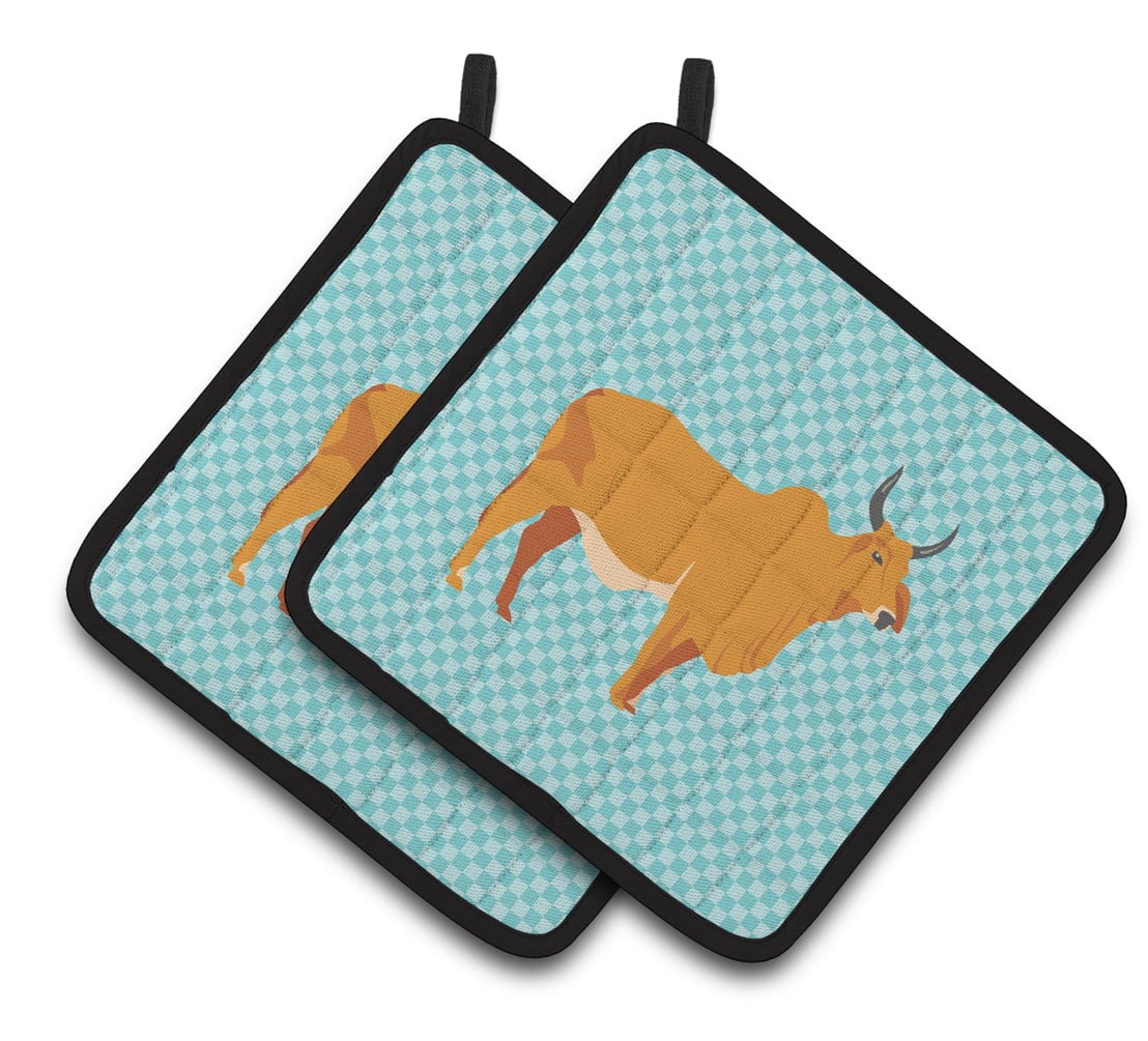 Zebu Indicine Cow Blue Check Pair of Pot Holders - Blue