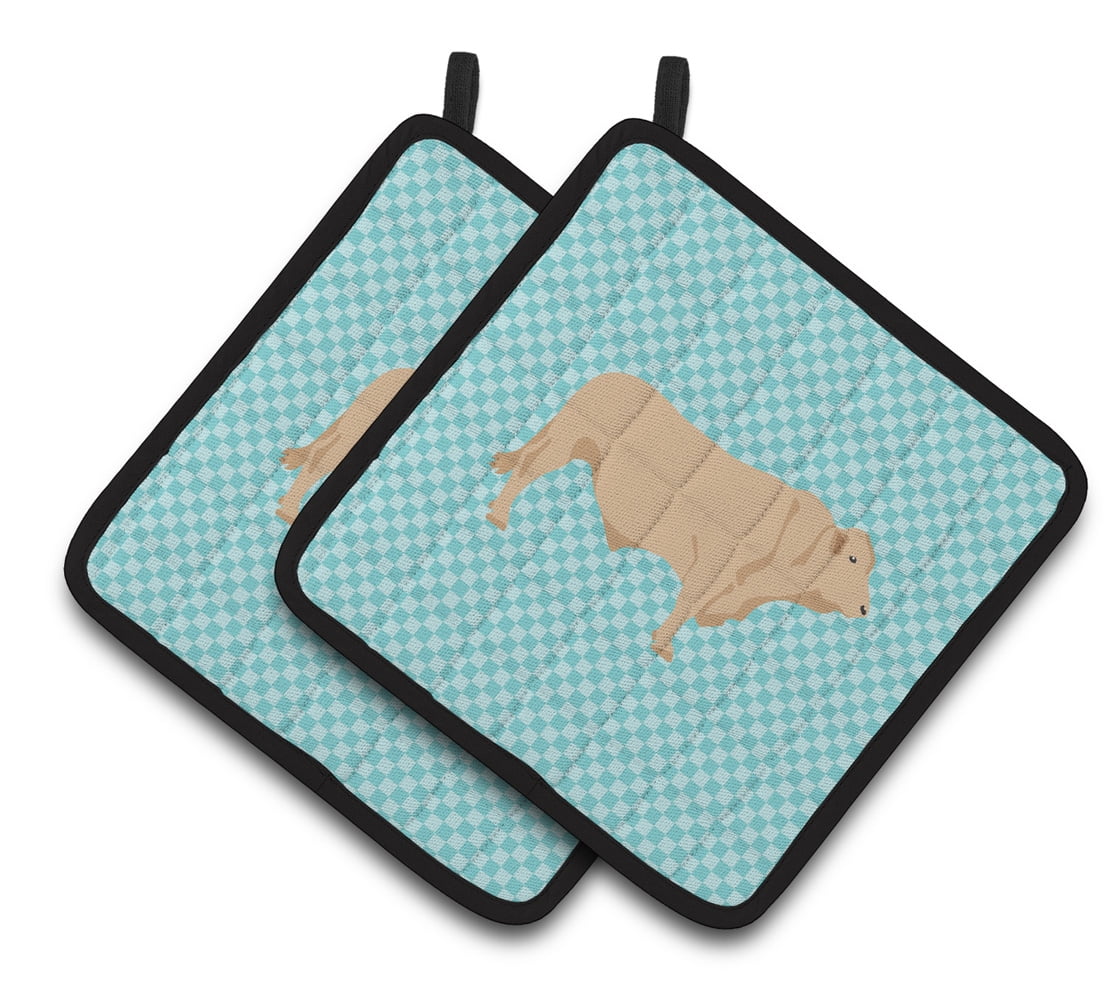 Charolais Cow Blue Check Pair of Pot Holders - Blue