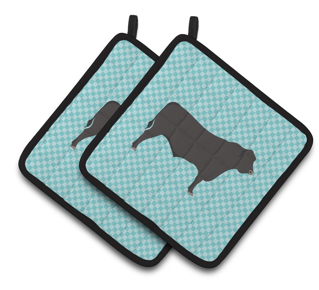 Black Angus Cow Blue Check Pair of Pot Holders