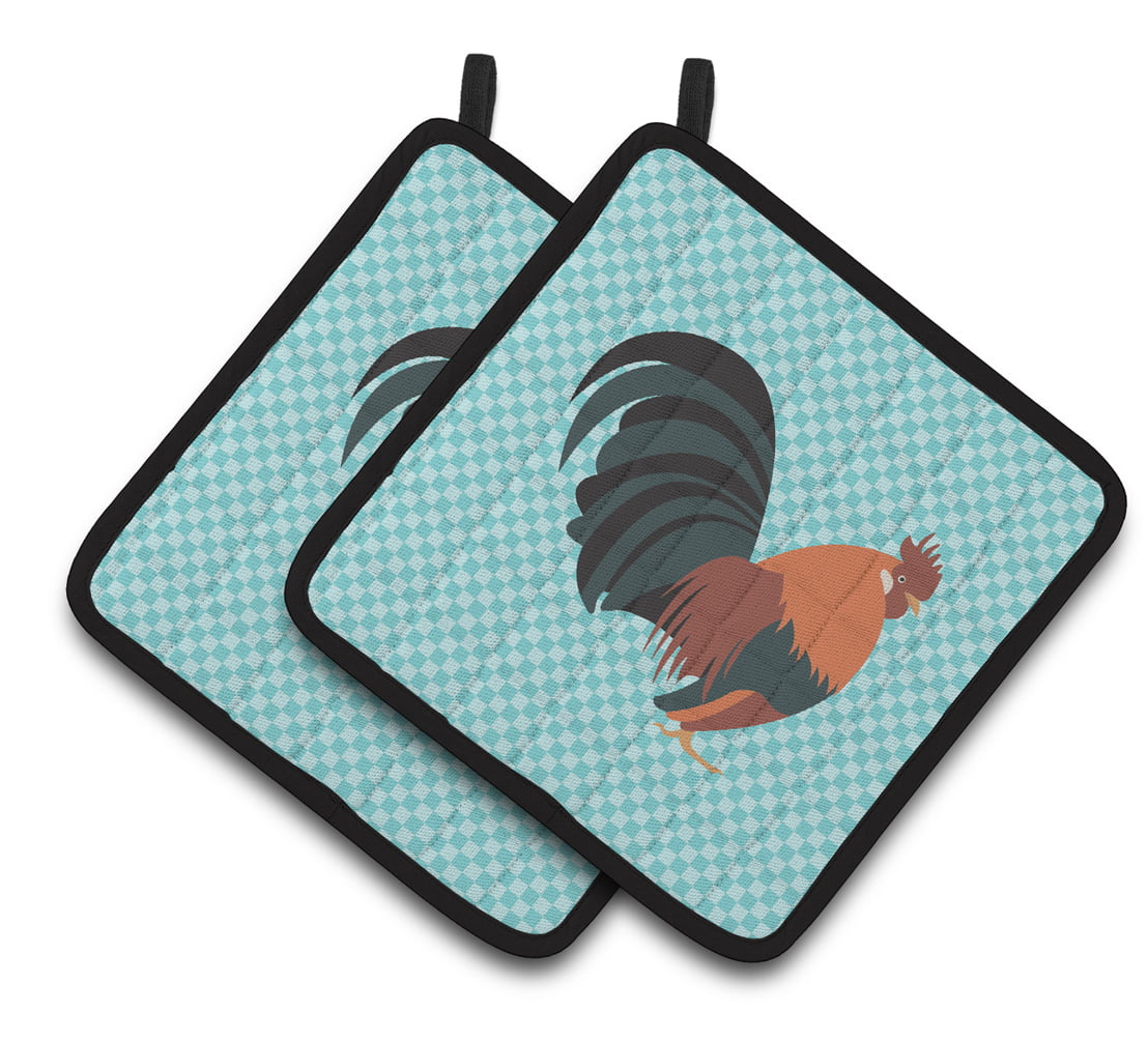 Dutch Bantam Chicken Blue Check Pair of Pot Holders - Blue