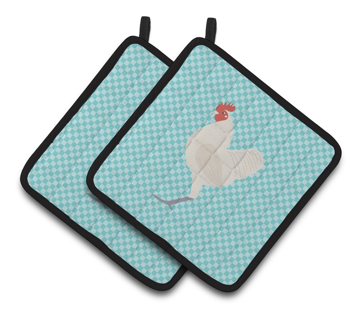 German Langshan Chicken Blue Check Pair of Pot Holders - Blue