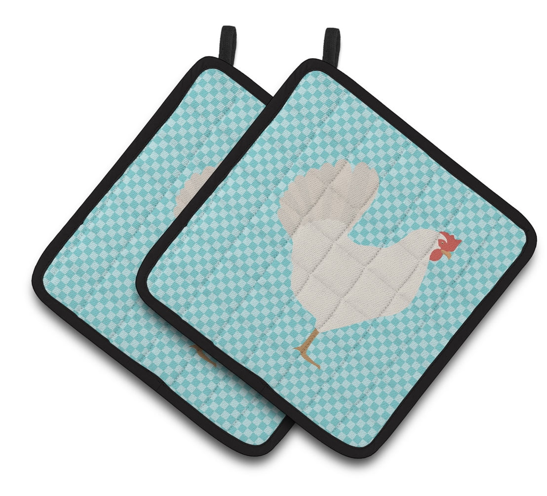 Leghorn Chicken Blue Check Pair of Pot Holders - Blue