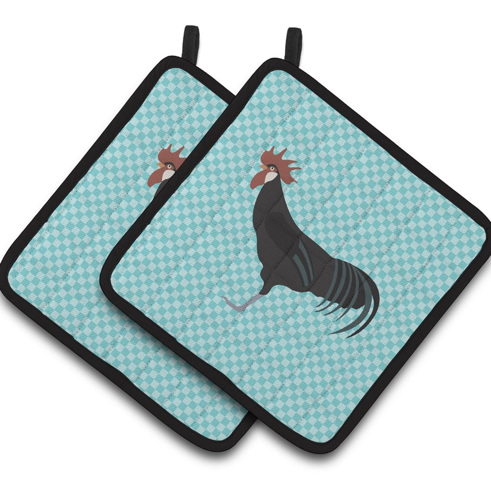 Minorca Ctalalan Chicken Blue Check Pair of Pot Holders - Blue