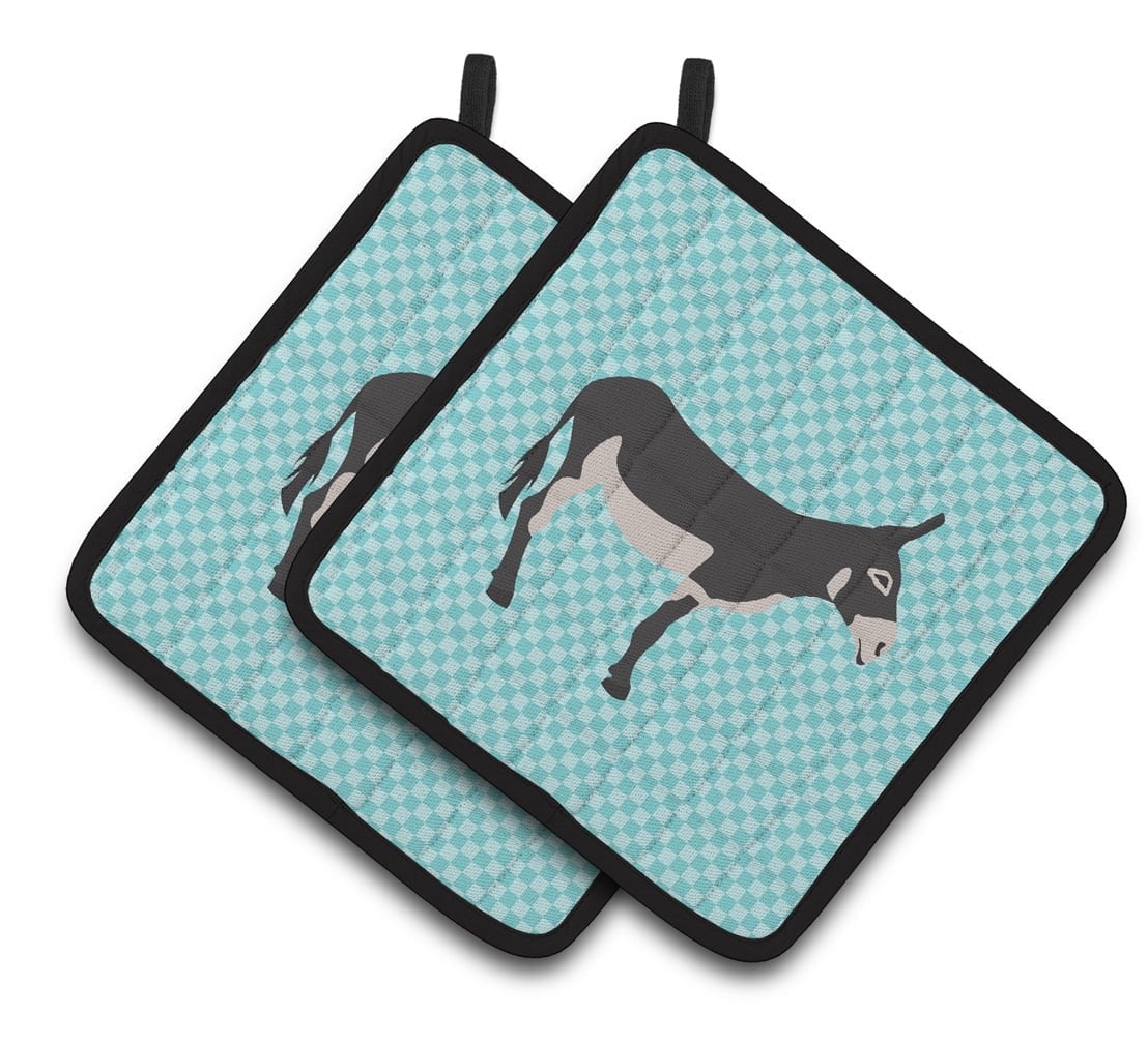 American Mammoth Jack Donkey Blue Check Pair of Pot Holders - Blue