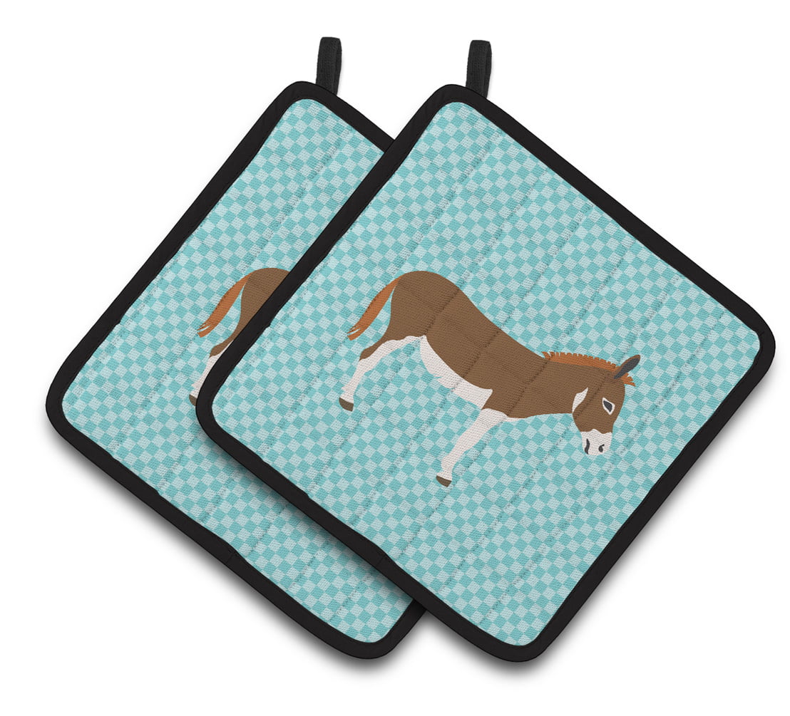 BB8021PTHD Miniature Mediterranian Donkey Blue Check Pair of Pot Holders