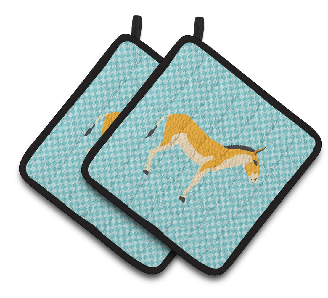 Turkmenian Kulan Donkey Blue Check Pair of Pot Holders - Blue