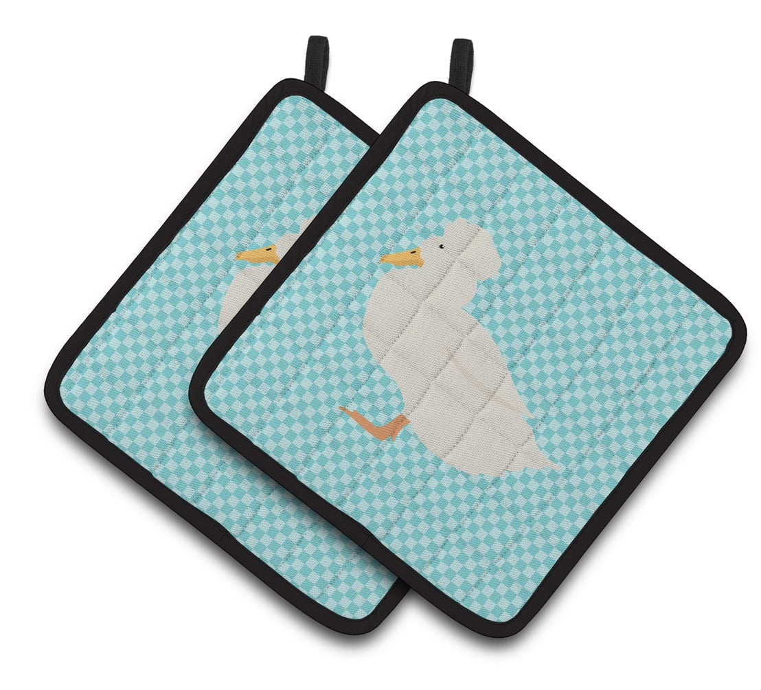Crested Duck Blue Check Pair of Pot Holders - Blue