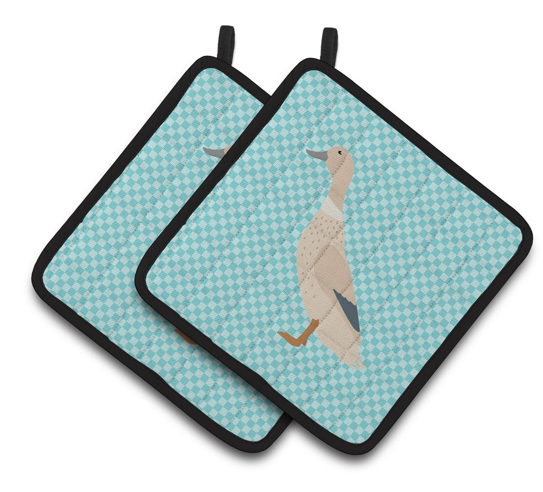 West Harlequin Duck Blue Check Pair of Pot Holders - Blue