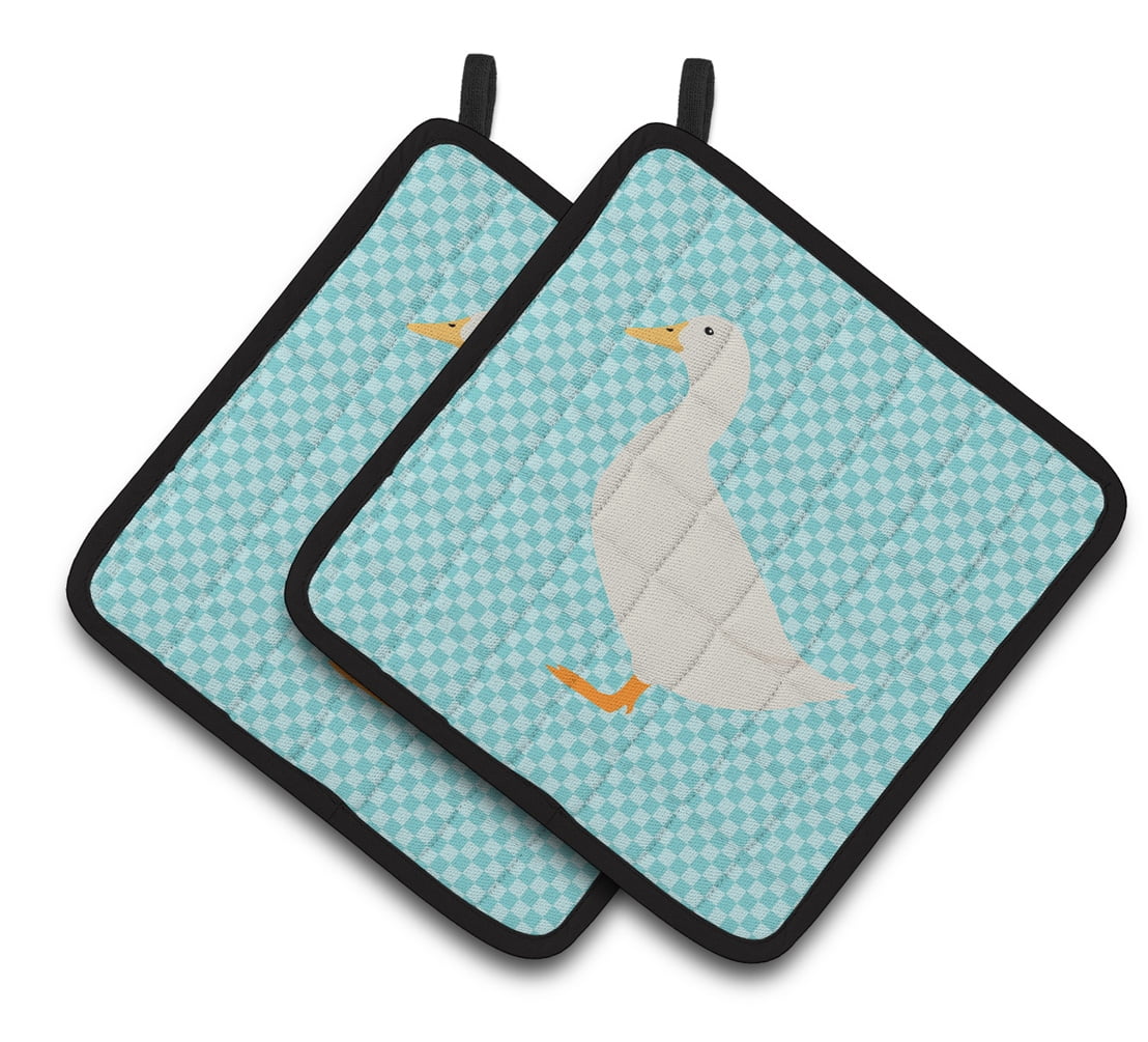 American Pekin Duck Blue Check Pair of Pot Holders - Blue