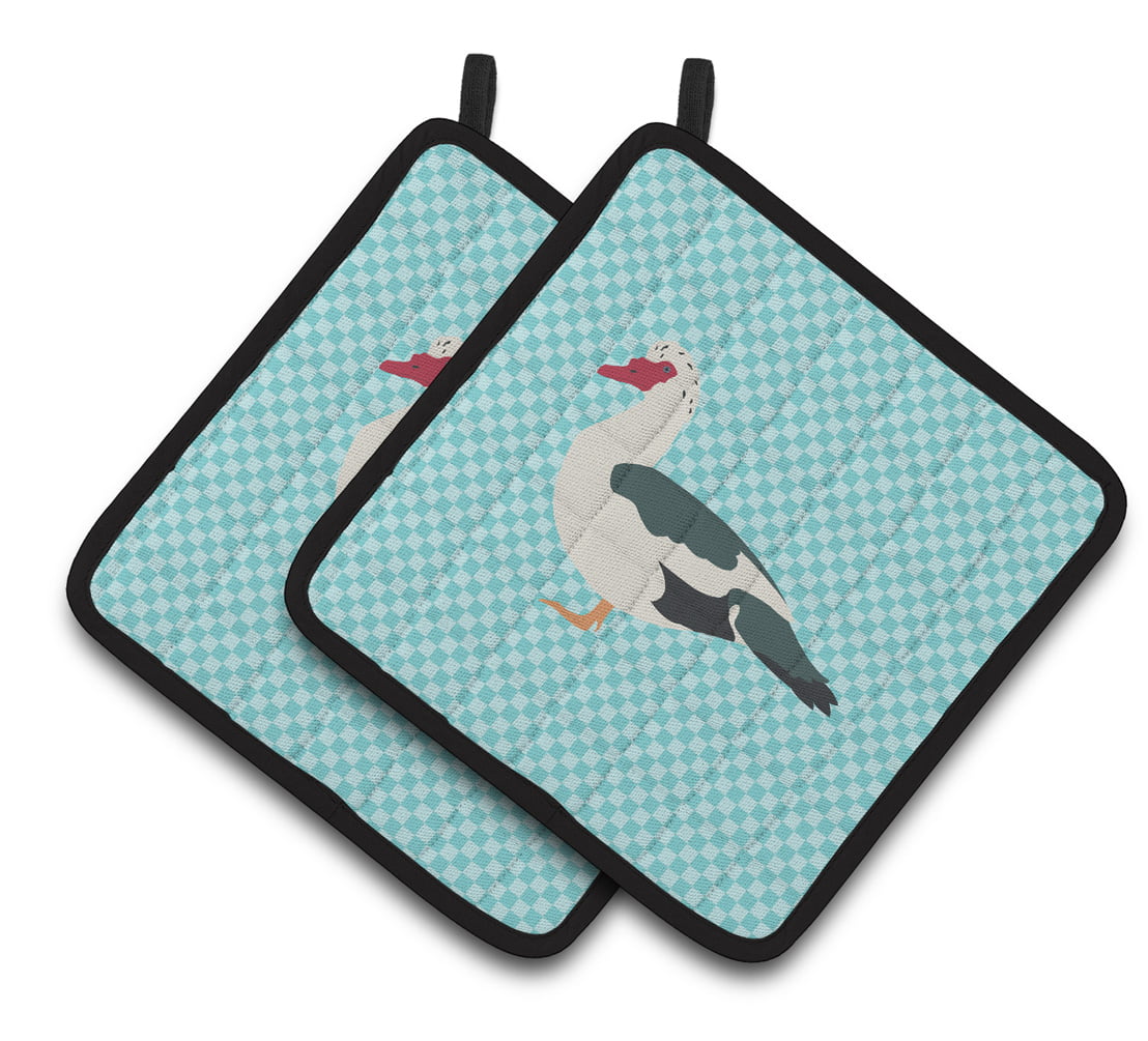 Muscovy Duck Blue Check Pair of Pot Holders - Blue