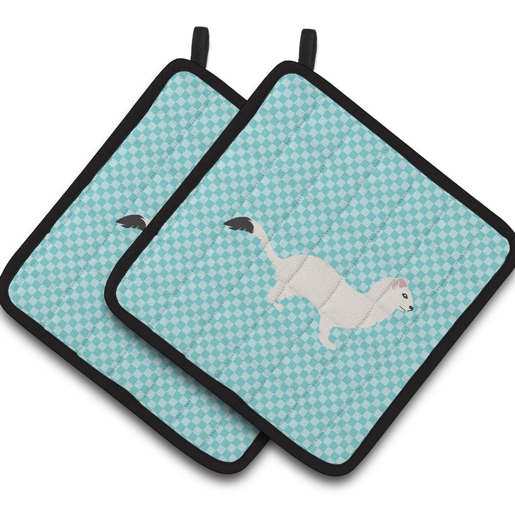 Stoat Short-Tailed Weasel Blue Check Pair of Pot Holders