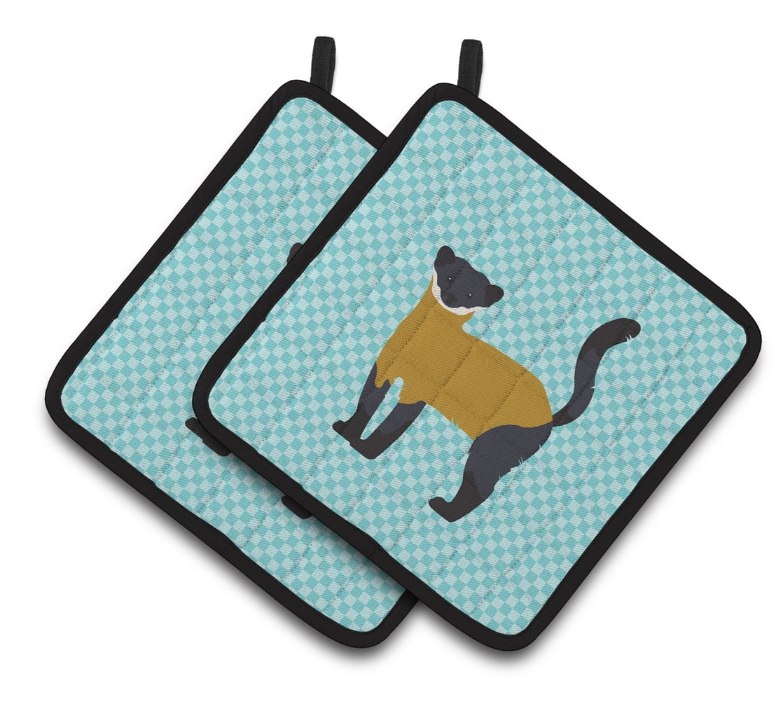 Yellow-Throated Marten Blue Check Pair of Pot Holders - Blue