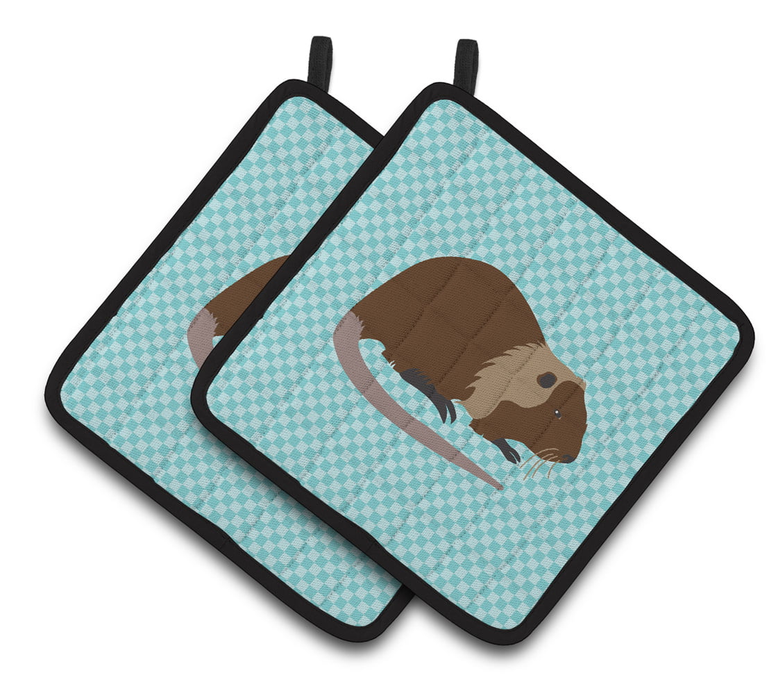 BB8053PTHD Coypu Nutria River Rat Blue Check Pair of Pot Holders