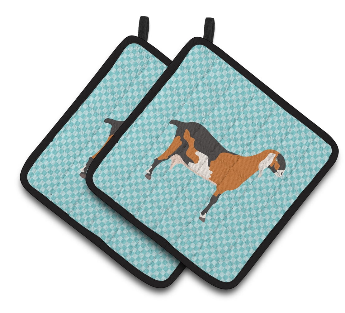 Anglo Nubian Goat Blue Check Pair of Pot Holders - Blue