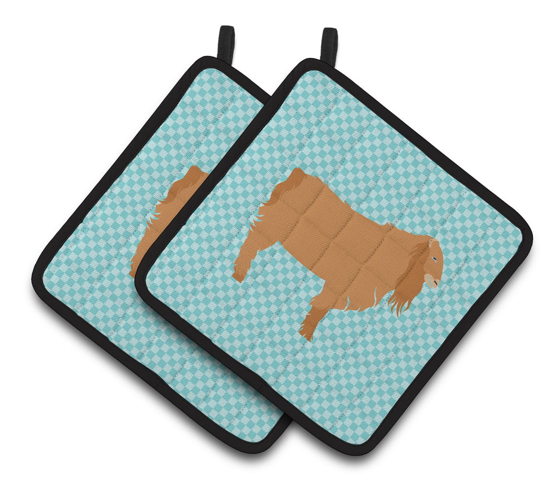 American Lamancha Goat Blue Check Pair of Pot Holders - Blue