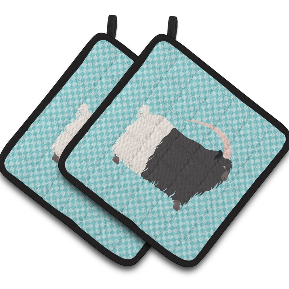 Welsh Black-Necked Goat Blue Check Pair of Pot Holders - Blue