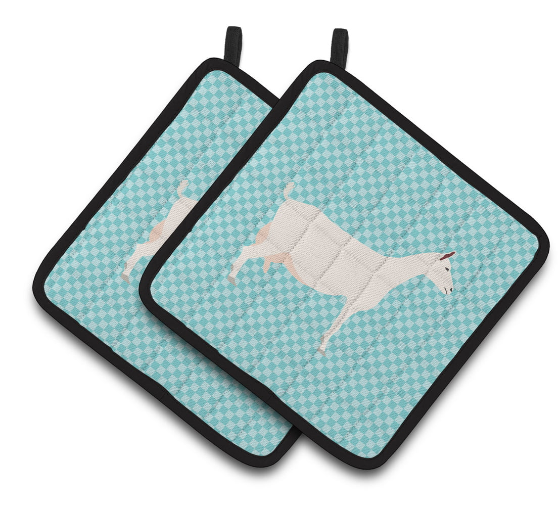 Saanen Goat Blue Check Pair of Pot Holders - Blue
