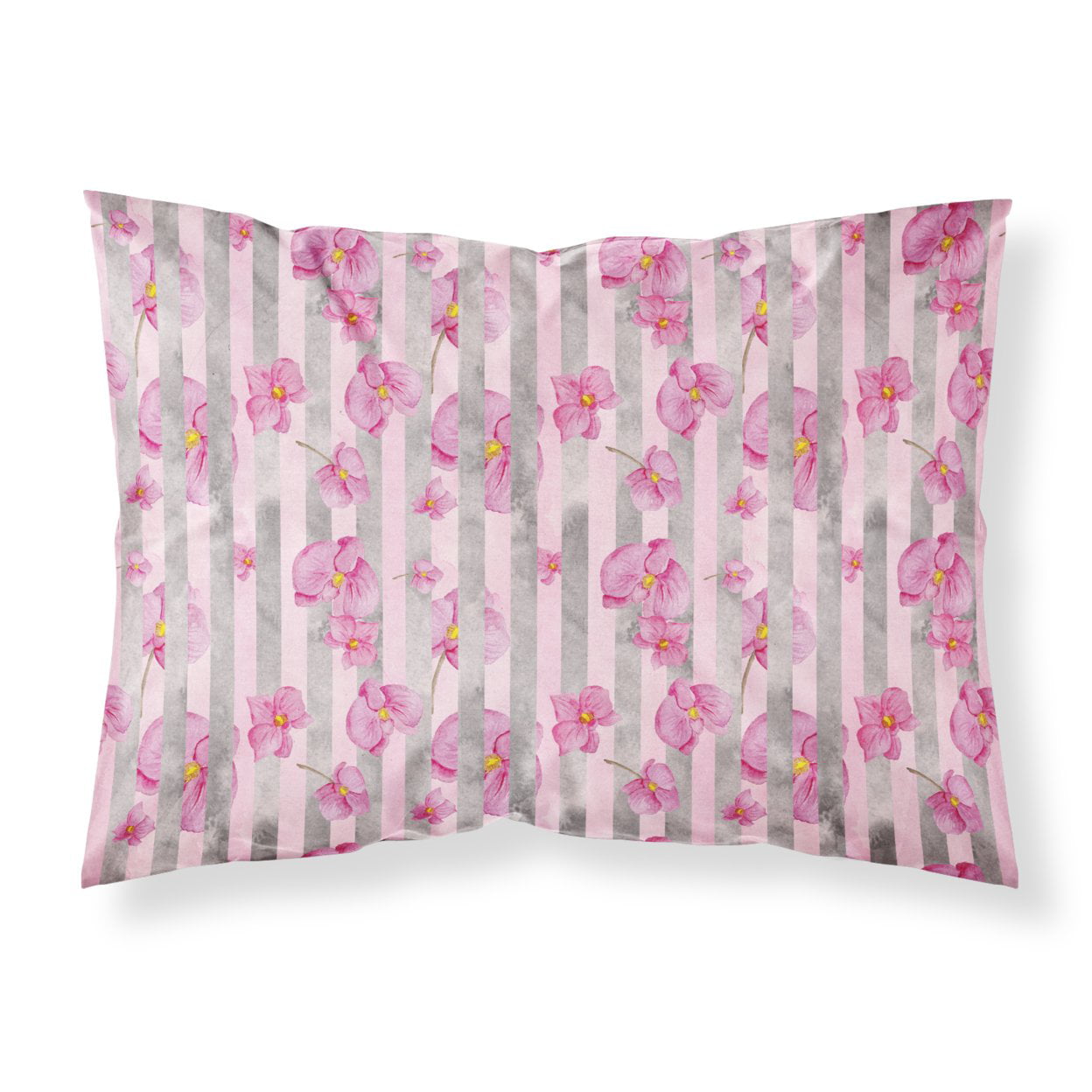 Watercolor Pink Flowers Grey Stripes Fabric Standard Pillowcase