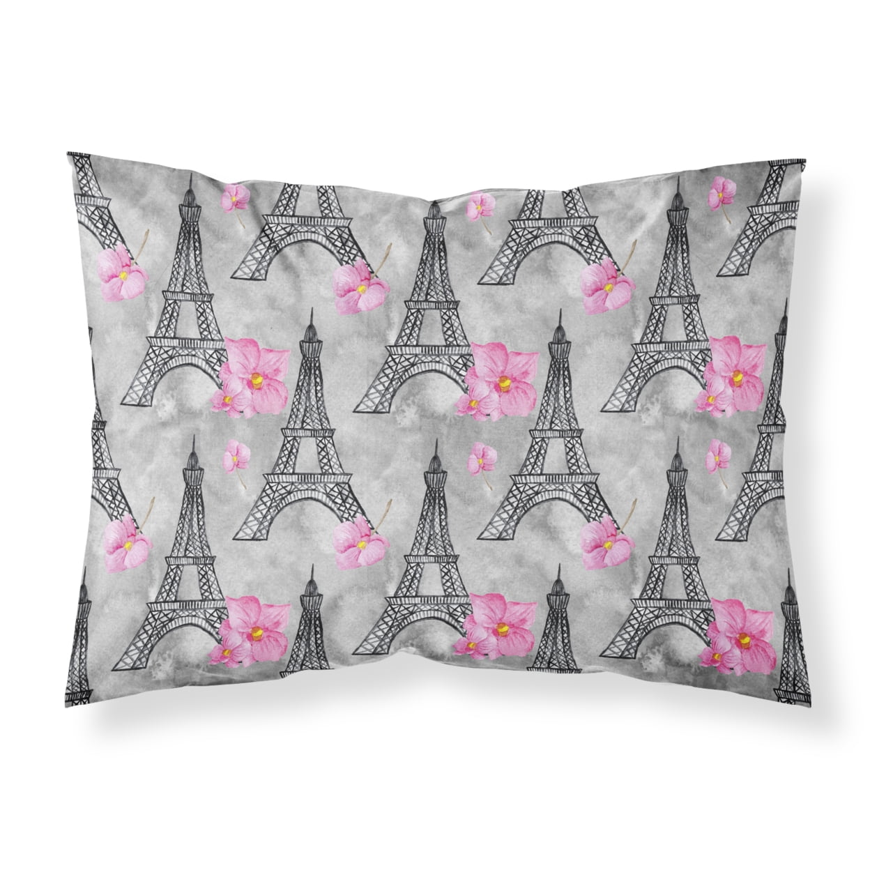 Watercolor Pink Flowers Eiffel Tower Fabric Standard Pillowcase