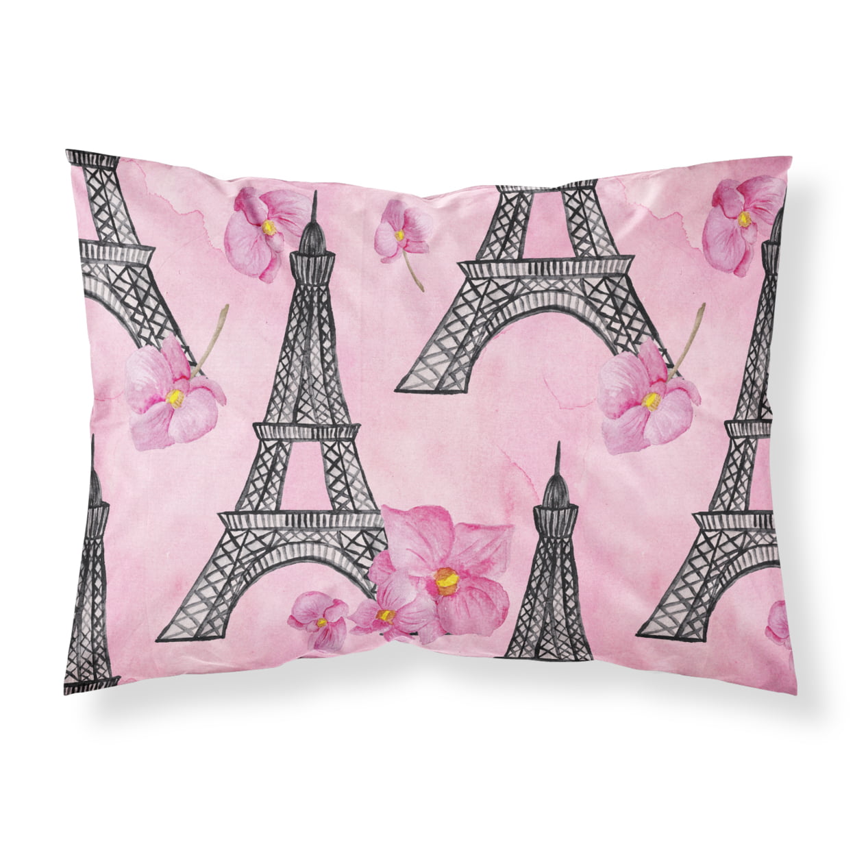 Watercolor Pink Flowers & Eiffel Tower Fabric Standard Pillowcase