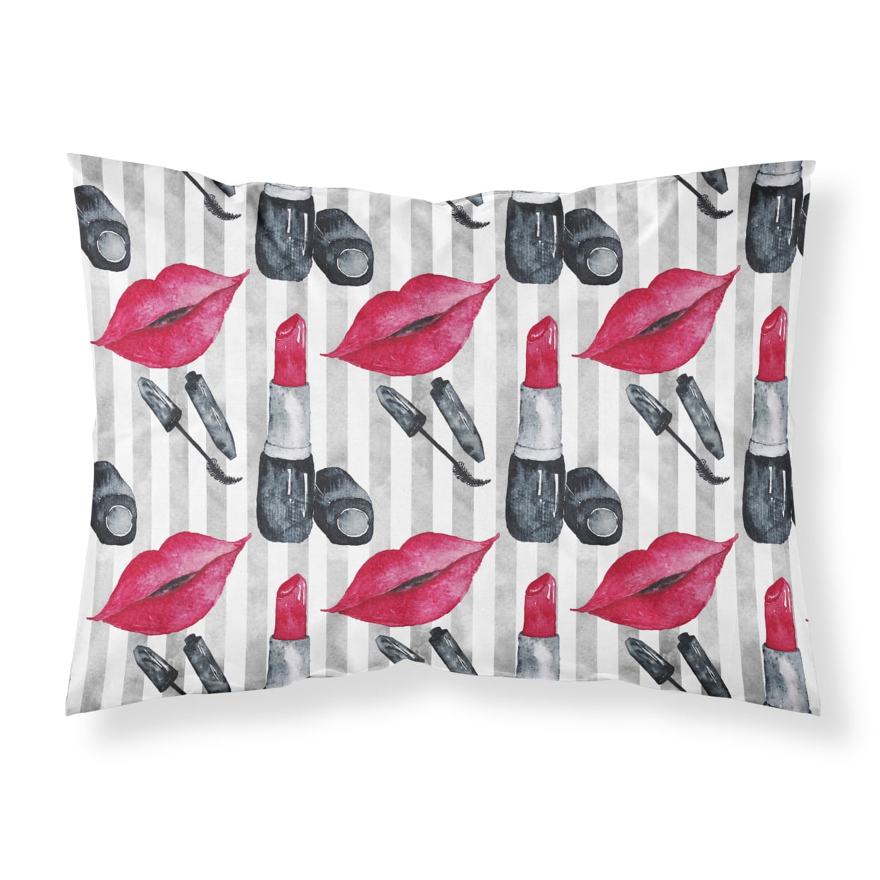 Watercolor Lipstick & Grey Stripes Fabric Standard Pillowcase