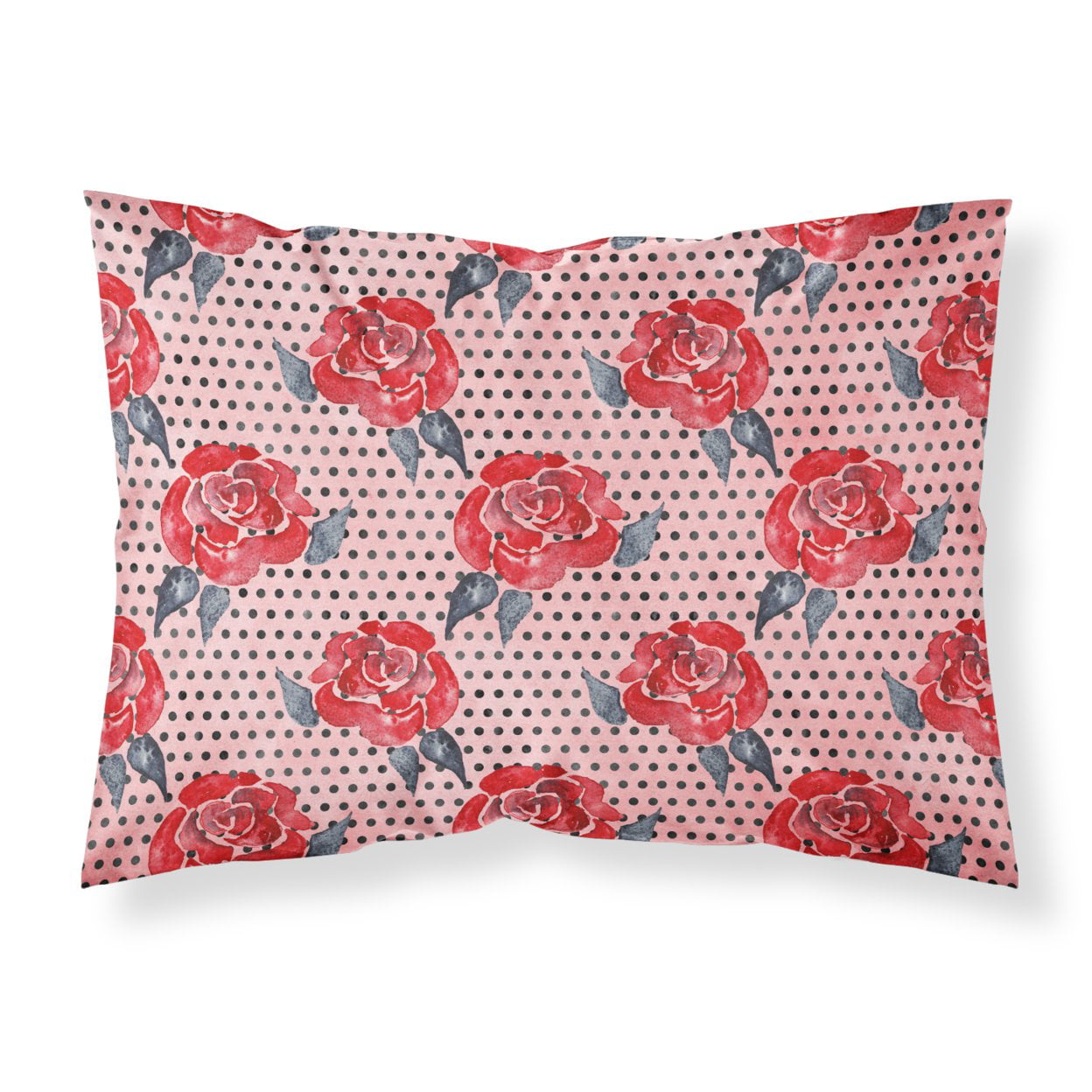 Watercolor Red Roses & Polkadots Fabric Standard Pillowcase