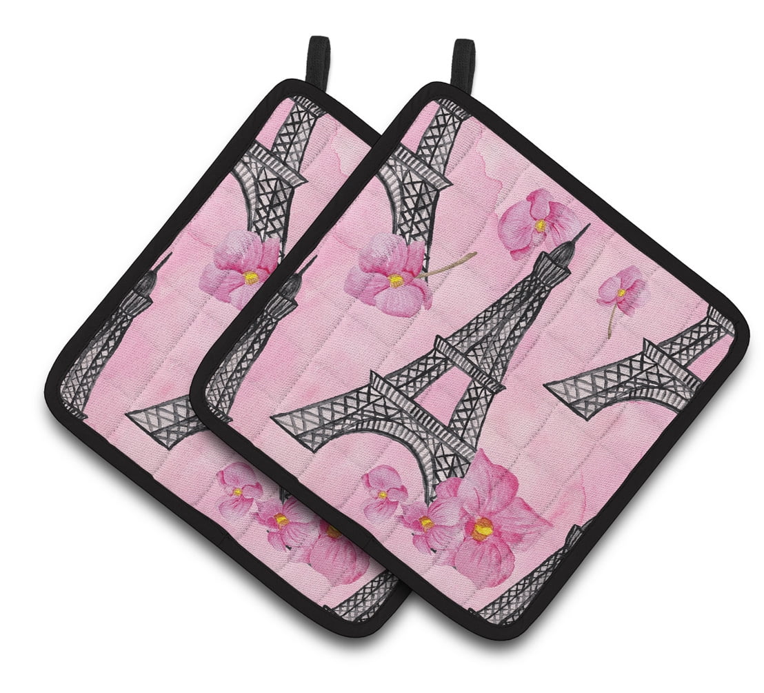 BB7511PTHD Watercolor Pink Flowers & Eiffel Tower Pair of Pot Holders
