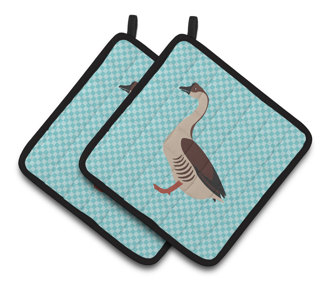 Chinese Goose Blue Check Pair of Pot Holders - Blue