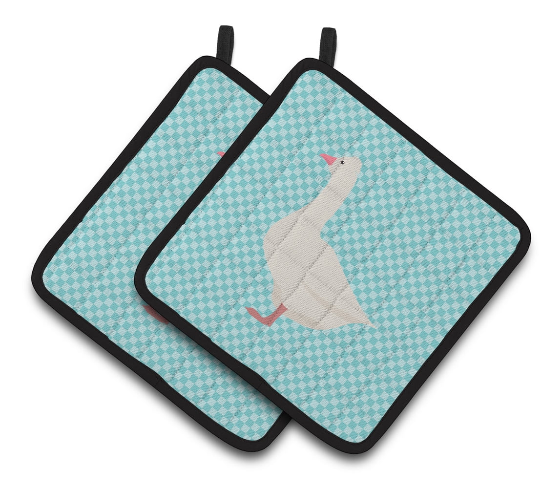 Roman Goose Blue Check Pair of Pot Holders - Blue